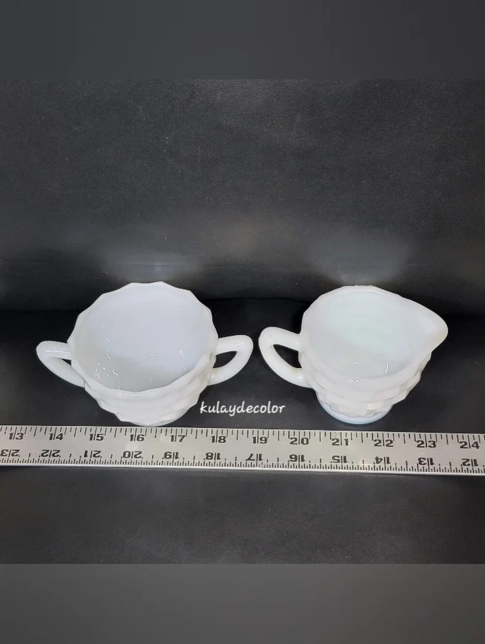 Vintage Jeannette White Milk Glass Creamer & Open Sugar Bowl Set Diamond Quilt